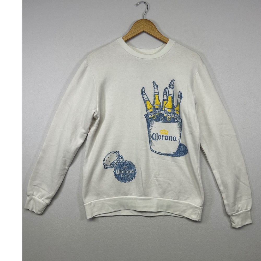 Beach Tropical Corona Mens Small White Graphic Pullover Crewneck Sweatshirt